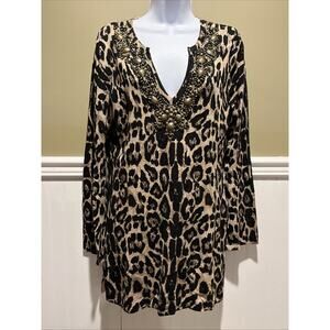 inc international concepts Women’s Long Top Plunge V Neck Leopard Beaded LS M